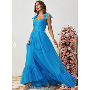 Gorgeous Blue Sheer Maxi Ballgown Dress Weddings Ribbon Layered S Fairy Ruffle